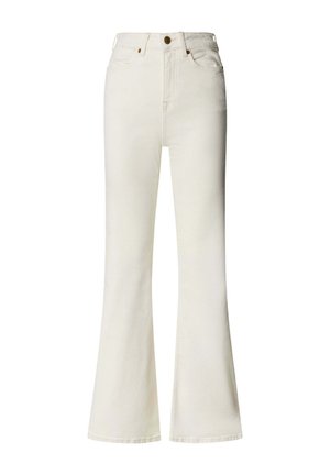 Off-White High-Waist-Jeans mit Frontknopf und Reißverschluss, Fünf-Taschen-Design, schmal an den Oberschenkeln, ausgestellte Beine.