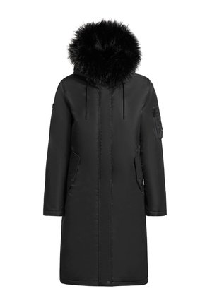 Schwarze gepolsterte Jacke mit einer Kapuze aus Kunstfell, Frontreißverschluss, Seitentaschen und einer Utensilientasche am Ärmel. Glatte Textur und knielanges Design.