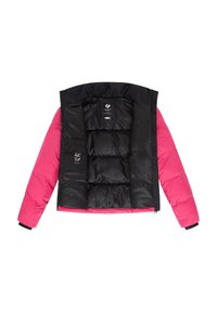 Giacca puffer rosa e nera, con un design trapuntato e un interno liscio, dotata di chiusura con zip. Etichetta visibile all'interno della giacca.