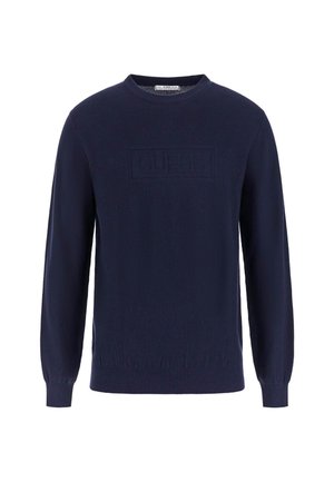 Pulover bleumarin dintr-un material tricotat texturat, având un logo ridicat "GUESS" pe față, guler rotund și mâneci lungi.