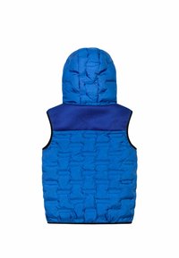 Gilet imbottito blu con cappuccio, caratterizzato da una texture trapuntata, pannello in rete blu scuro sulle spalle e rifiniture nere in contrasto lungo l'orlo.