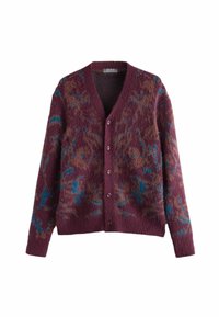 Cardigan bourgogne avec un motif texturé, mettant en avant des accents marron et bleu, en V, et six boutons sur le devant. Tissu doux.