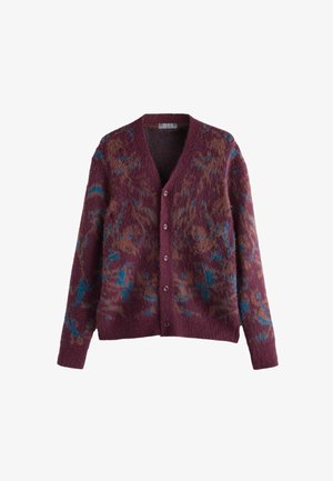 Cardigan borgogna con un motivo testurizzato che presenta accenti marroni e blu, scollo a V e sei bottoni sul davanti. Materiale morbido.