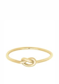 Goldener Ring mit einem glatten, abgerundeten Band und einem zentralen geknoteten Detail. Polierte Oberfläche mit glänzender Textur. Innen markiert.