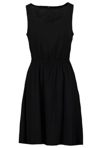 Schwarzes ärmelloses Kleid mit Rundhalsausschnitt, elastischem Bund und ausgestellt Rock. Hergestellt aus einem glatten Stoff mit einer leichten Textur.