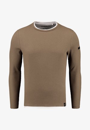 Maglietta a maniche lunghe con collo a girocollo in tessuto ribbed marrone e colletto interno bianco. Presenta un accento nero sulla manica e un'etichetta con logo all'orlo.