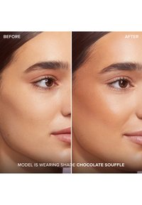 Vorher-Nachher-Vergleich der Gesichtshaut, der eine verbesserte Farbe und Struktur in einem warmen Beigeton zeigt, der als "Schokoladensoufflé" bezeichnet wird.