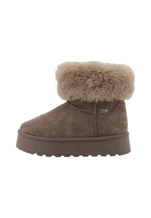 Brun ruskind ankelsko med tykk gummisål og bred foldet beige pelsmanchet.
