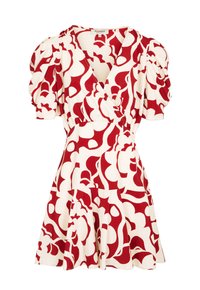 Rood en wit gestreepte jurk met een wikkelontwerp, pofmouwen en een uitlopende rok. Gemaakt van lichtgewicht stof met gedurfde abstracte vormen.