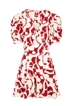 Vestido de patrón rojo y blanco con diseño envolvente, mangas abullonadas y falda acampanada. Hecho de una tela ligera con formas abstractas audaces.