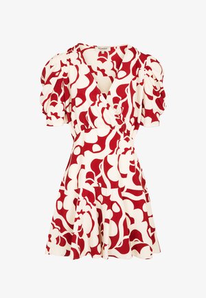 Abito a maniche puff a righe rosse e bianche con design avvolgente e gonna svasata. Realizzato in tessuto leggero con audaci forme astratte.