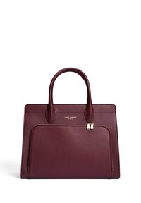 Burgundy leather handbag with two handles, zippered front pocket, textured surface, and gold-tone hardware accents. Rectangular shape.