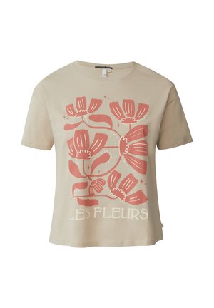 Beige Baumwoll-T-Shirt mit einem großen pinken Blumendesign und dem aufgedruckten Text "LES FLEURS" in Weiß. Runder Halsausschnitt und kurze Ärmel.