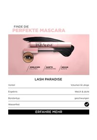 Mascara rør og børste med sorte øjenvippe-strøg, nærbillede af øje, angivne egenskaber: sensuel volumengivning, blid påføring, blød buet børste, vandtæt.