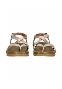 Světlé béžové sandály s kříženými popruhy, zdobené metalickým růžovým zlatem. Texturovaná stélka a hnědá gumová podrážka.