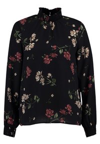Langärmlige schwarze Bluse mit hohem, gerafftem Ausschnitt, verziert mit einem floralen Muster in Rot und Creme. Elastische Manschetten runden das Design ab.