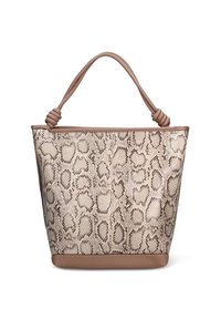 Borsa tote con stampa leopardata e motivo in finta pelle di serpente beige e marrone, con base marrone solida e dettagli con manico intrecciato.
