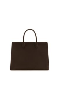 Brown leather tote bag with smooth texture, rectangular shape, and two sturdy handles. No visible hardware or patterns. Plain design.