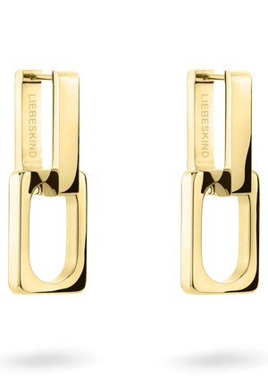 Ohrringe aus goldfarbenem Metall mit einem linearen Design, das rechteckige und ovale Glieder aufweist. Glatte, glänzende Oberfläche mit eingraviertem Branding.