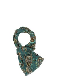 Écharpe teal avec un motif paisley complexe, bords frangés et texture douce, adaptée à diverses options de style.