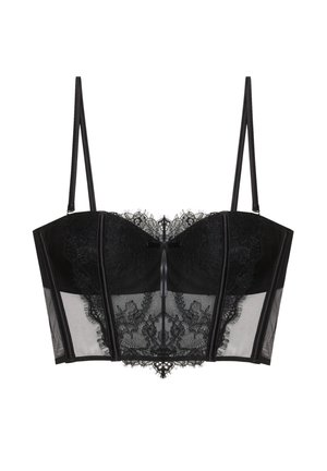 Black lace bustier with thin adjustable straps, sheer mesh panels, and floral lace detailing across the front.