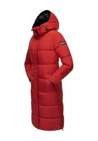 Red padded long coat with a hood, featuring a zip closure, two front pockets, and a logo patch on the sleeve. Smooth, water-resistant fabric.