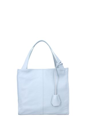 Light blue leather handbag with a soft texture, rectangular shape, top handles, and a small accent tag attached to the side.