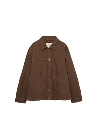 Giacca di cotone marrone con scollo con colletto, chiusura frontale con bottoni e due grandi tasche applicate. Il tessuto ha un aspetto morbido e strutturato.
