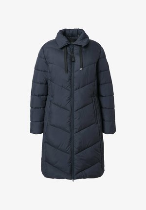 Manteau d'hiver rembourré long bleu marine avec fermeture éclair sur le devant, col montant, détails avec cordon de serrage et poches zippées sur les côtés.