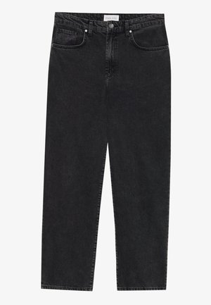 Mustad denim teksad, sirge jalaga disainiga, viis taskut, nööbiga kinnitamine ja peene pleekimise tekstuur. Popriigid õmblusdetailidega.