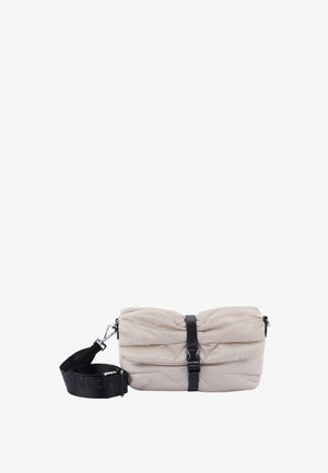 Beige quilted crossbody bag with black adjustable strap, featuring a buckled closure, smooth texture, and subtle stitching detail.