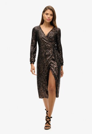 Schwarzes Pailletten-Kleid mit langen Ärmeln, tiefem V-Ausschnitt und einem schlitz bis zur Oberschenkelhöhe, mit Wickeldesign und verstellbarem Seitengurt.