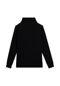 Pullover nero con colletto alto, maniche lunghe e orlo a coste. Realizzato in un tessuto liscio con una texture morbida. Nessun motivo o dettaglio visibile.
