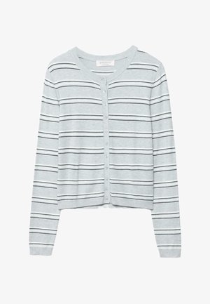 Lichtgrijs kort vest met dunne zwarte horizontale strepen, ronde halslijn en knoopsluiting aan de voorkant met lange mouwen.