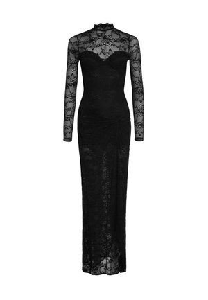 Schwarzes Spitzenkleid mit langen Ärmeln, hohem Kragen, tailliertem Oberteil mit Cups und gerafften Details an der Taille. Bodenlanges Design.