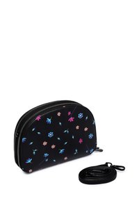 Schwarze synthetische Umhängetasche mit floralem Muster in Pink und Blau. Verfügt über einen Reißverschluss und einen abnehmbaren Trageriemen. Runde Form.
