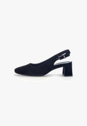 Black suede slingback shoe with a pointed toe, low block heel, and adjustable strap featuring metallic hardware. Smooth texture with no patterns.