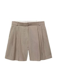 Beige skládací šortky s vertikálními pruhy, vybavené pasem a postranními kapsami. Tkanina vypadá hladce s lehkou strukturou.