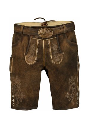 Brune traditionelle lædershorts med broderede blomsterudskæringer, sidelommer med knapper og et bælte med et ovalt spænde med et hjortedesign.
