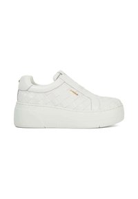 White platform sneakers with quilted texture. Features slip-on design, rubber sole, and gold logo detail. Smooth leather upper.