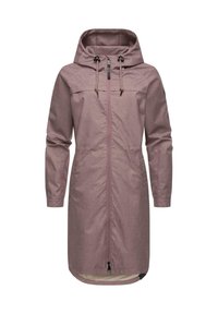 Light pink, long hooded raincoat with drawstring, front zipper, and side pockets; textured fabric with a smooth lining.