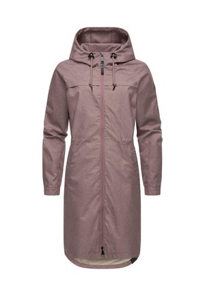 Impermeabile lungo con cappuccio in rosa chiaro, dotato di cordoncino, zip frontale e tasche laterali; tessuto testurizzato con fodera liscia.