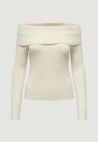 Off-the-shoulder cream sweater featuring ribbed texture, long sleeves, and a fitted design that extends to the waist.