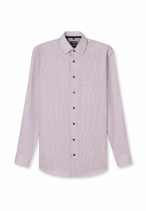 Hellviolettes langärmliges Hemd mit schwarzen Knöpfen, einer Brusttasche vorne und einem spitzen Kragen vor weißem Hintergrund.