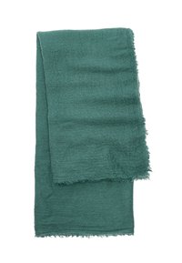 Turkusowy, wzorzysty bawełniany szalik z postrzępionymi brzegami. Prostokątny kształt, miękka w dotyku, odpowiedni do zapewnienia ciepła lub jako element stylizacji.