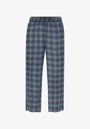 Gemusterte Hose mit marineblauem Hintergrund, die komplizierte geometrische und florale Designs in Weiß und Hellgelb aufweist. Elastischer Bund, weite Beine.