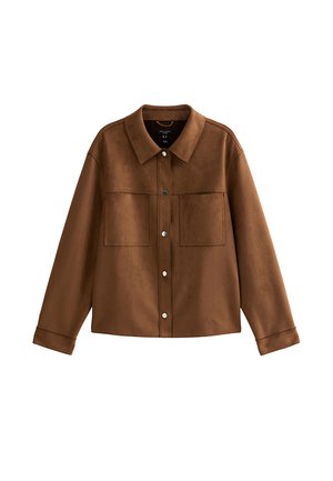 Veste en daim marron à boutons avec manches longues, deux poches poitrine et un col classique, présentée sur fond blanc.