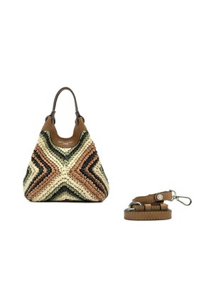 Borsa intrecciata con motivo a chevron in toni marrone, beige, nero e verde, con manici in pelle e tracolla in pelle marrone removibile.