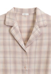 Koszula w kratę w miękkich pastelowych kolorach, z klasycznym kołnierzykiem, guzikami oraz wzorem w kratę w odcieniach beżu i jasnego różu.