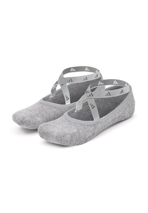 Gray ballet flats made of soft fabric with a textured finish, featuring crossover gray straps and a rounded toe design.